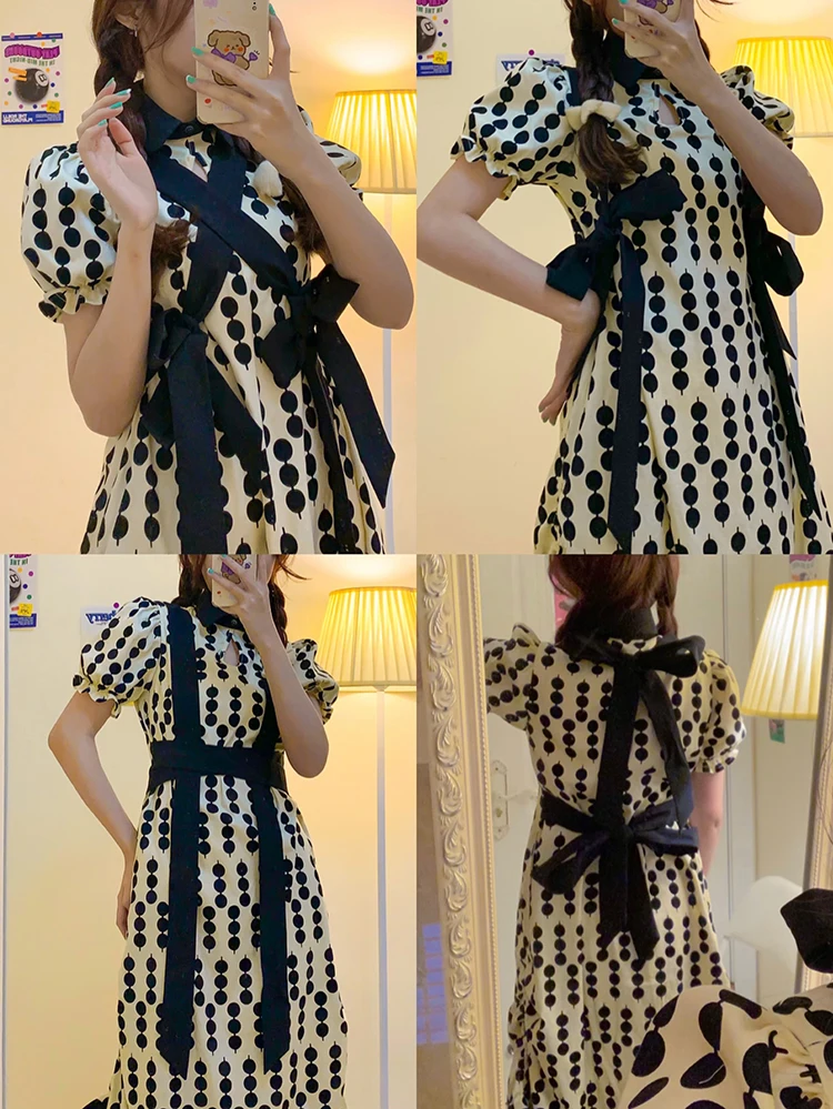 

Young Girl Summer Dress Women Chic Lace-Up Bows Polka Dot Pattern Slim Dresses For Women Long Dress Clothes Vestidos SL473