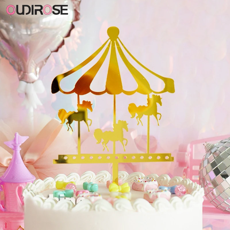 Золотистый серебристый цвет карусель Топпер для торта на день рождения единорог