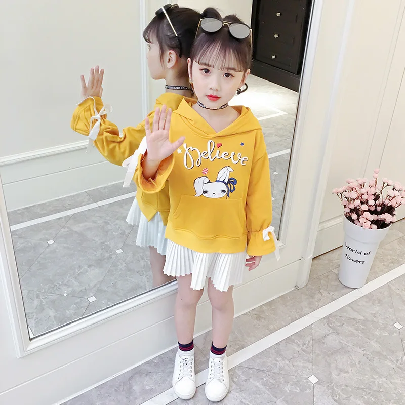 2019 Autumn Children's Fashion Casual Sweatshirt Hoodies Gilrs Long Sleeve Pleated Skirt Cute Coat Tops Sweater | Мать и ребенок