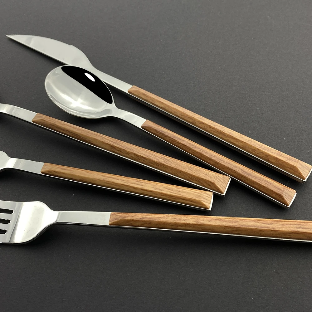 

20Pcs/4Set Stainless Steel Glossy Tableware Cutlery Set Wooden Silver Dinnerware Sets Western Flatware Food Knife Fork Teaspoon