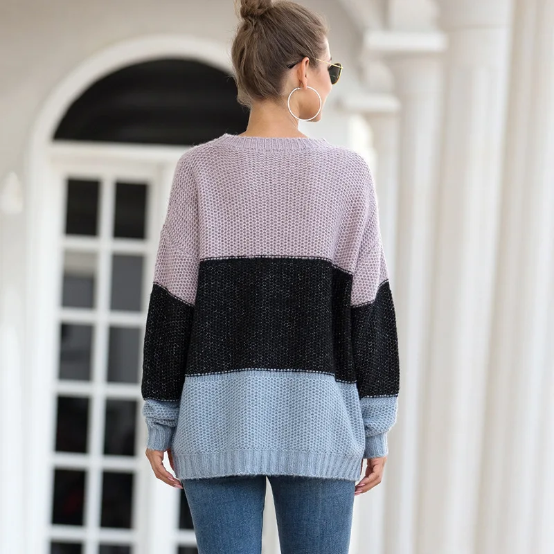 

Autumn and winter women's sweater new fashion stripe color matching Pullover Sweater women's thick thread sweater warm sweater
