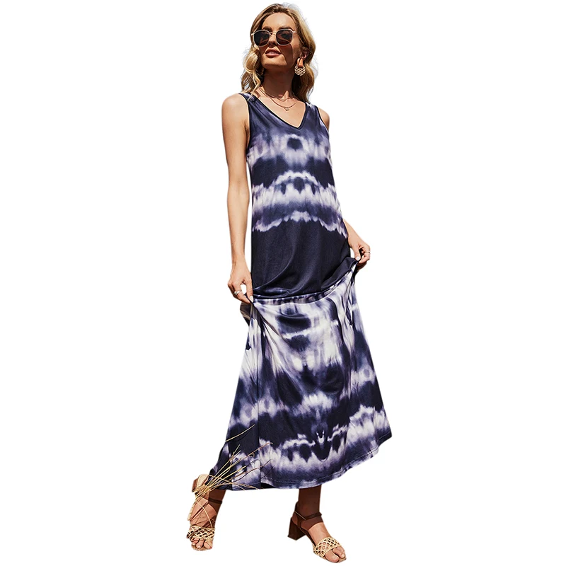 

Chifirena Summer Women's Maxi Dress 2021 Tie Dye Long Tank Dresses Sleeveless Sexy Sundress Beach Boho Party V Neck Vestidos