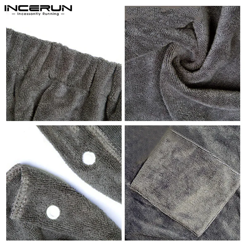 

INCERUN Men Soft Bathrobe Comfortable Homewear Solid Color Men Bath Skirts Towel Robes Home Pockets Mens Bathrobes Hombre