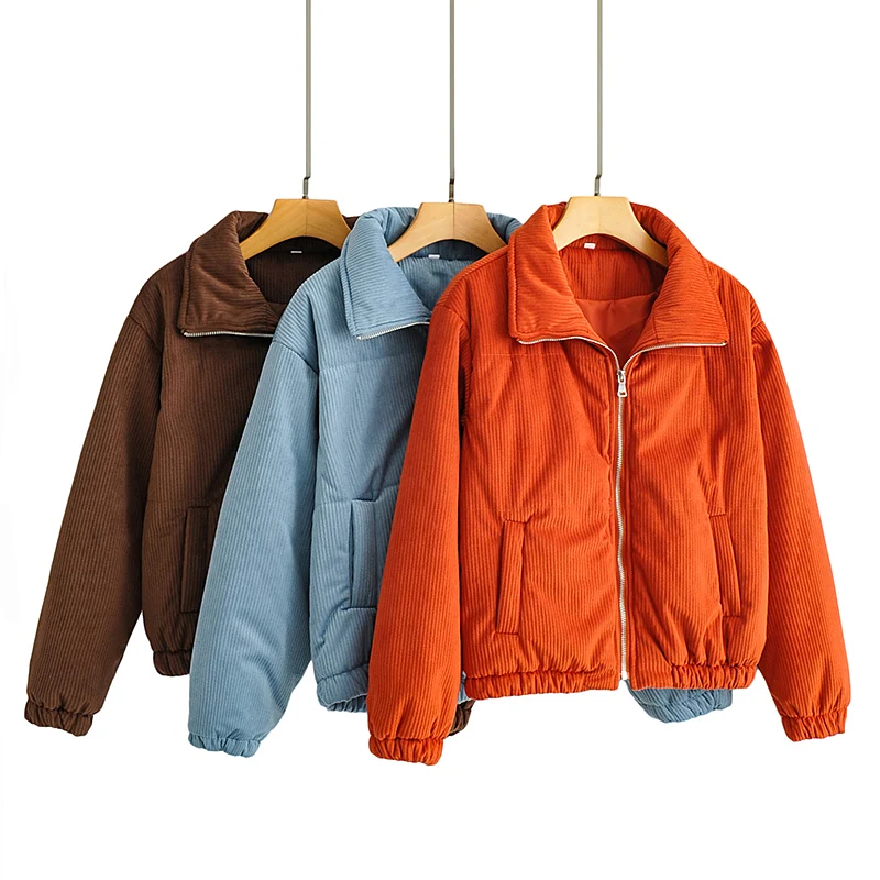

KRSB Winter Za Women's Three-Color High-Neck Zipper Pocket Long-Sleeved Quilted Corduroy Fabric Thick Warm Casual Jacket