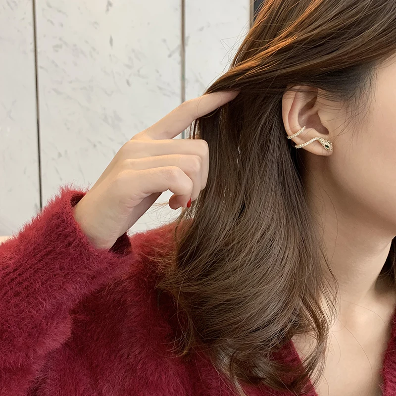 Позолоченные серьги-каффы в форме змеи стиле панк-рок с цирконом класса ААА для