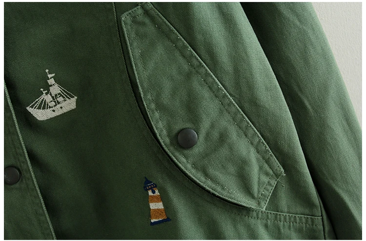 Anchor boats embroidery hooded zipper jacket female casual coat army green khaki