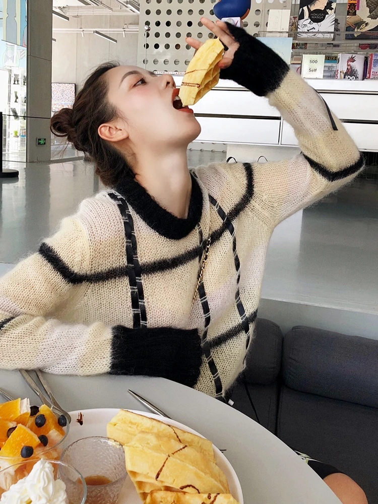 

Mohair Loose Pullover Women's Autumn 2020 New Skin-Friendly Striped Bandage Sweater Luxury Designer Woman Clothing Street Wear
