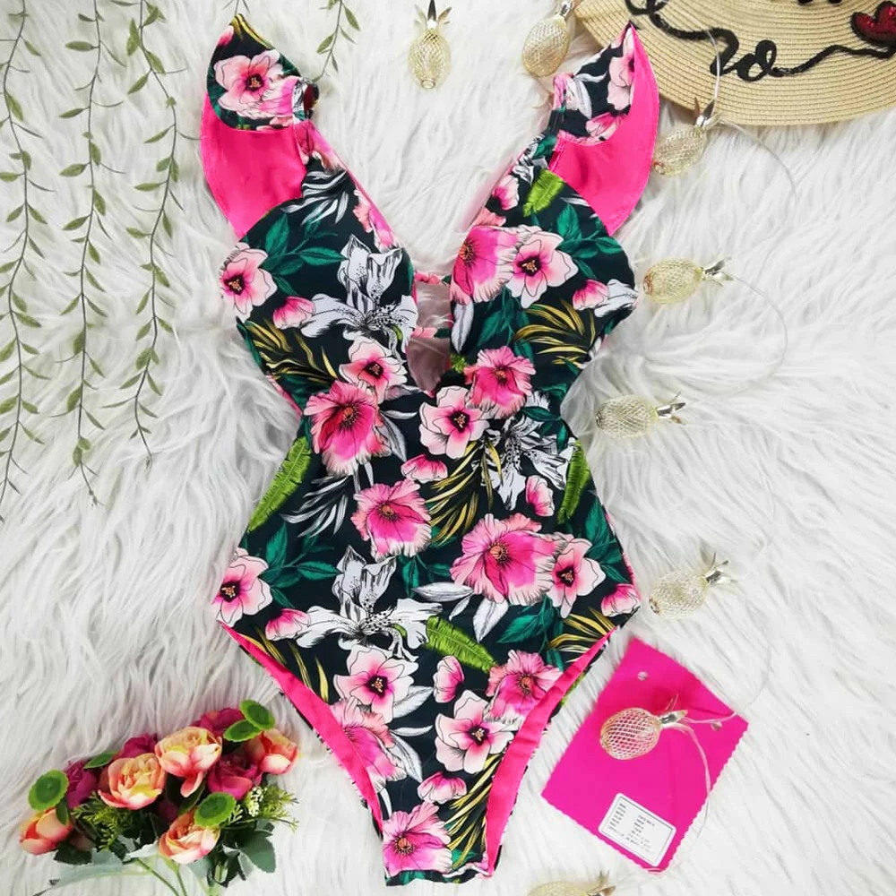 Женский слитный купальник с цветочным принтом Размеры S ~ XL |