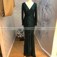 long sleeves green mermaid formal evening dress 2021 wholesale online with slit v neckline robe soiree femme vestidos formales