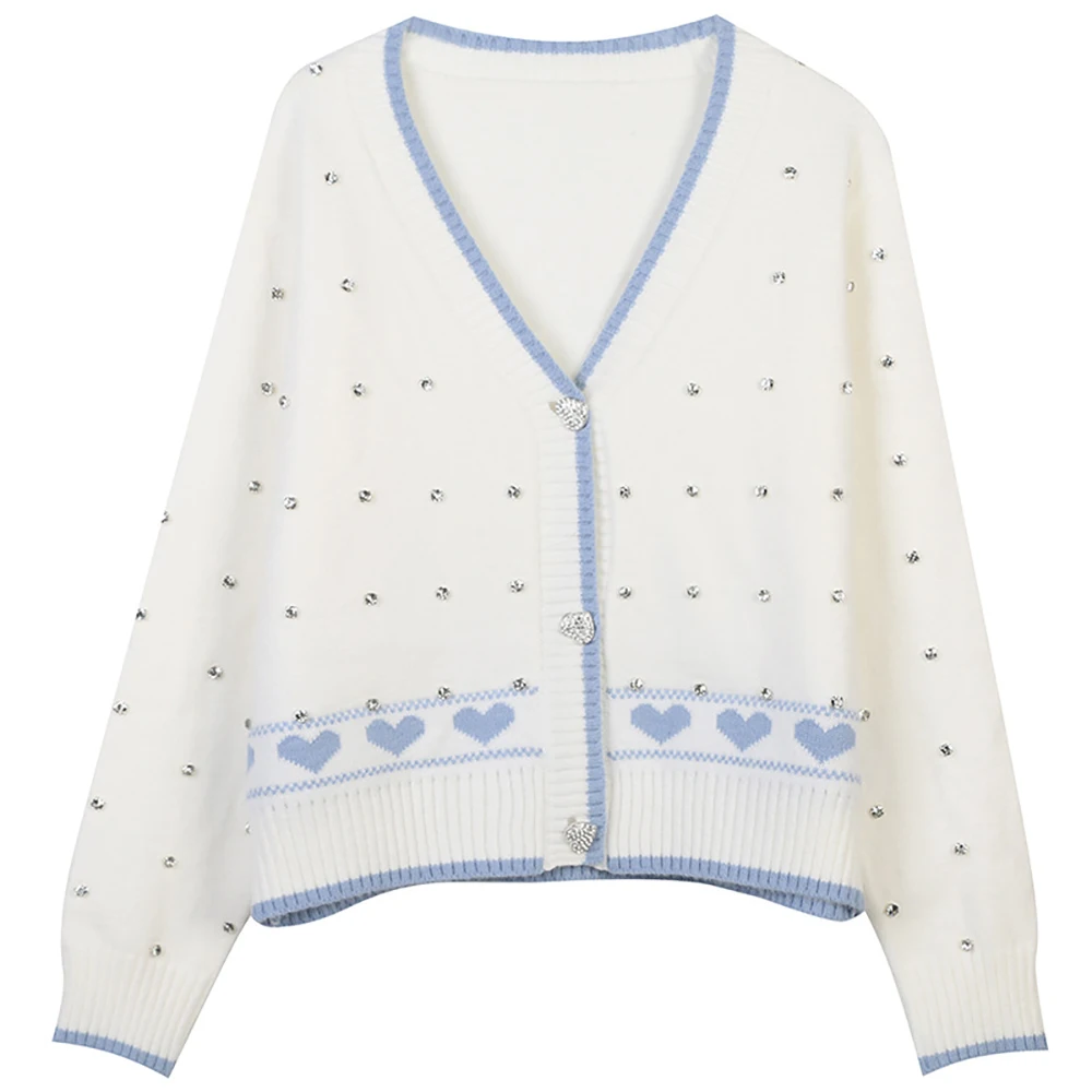 

Sweet Cartoon Heart Diamonds Button Up Cardigan Women Sweater Casual Autumn Loose V-Neck Long Sleeve Sweaters For Women Fashion