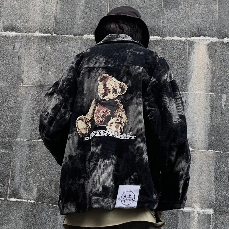 Вельветовые куртки с принтом мишки мужские высокой уличной темной системой