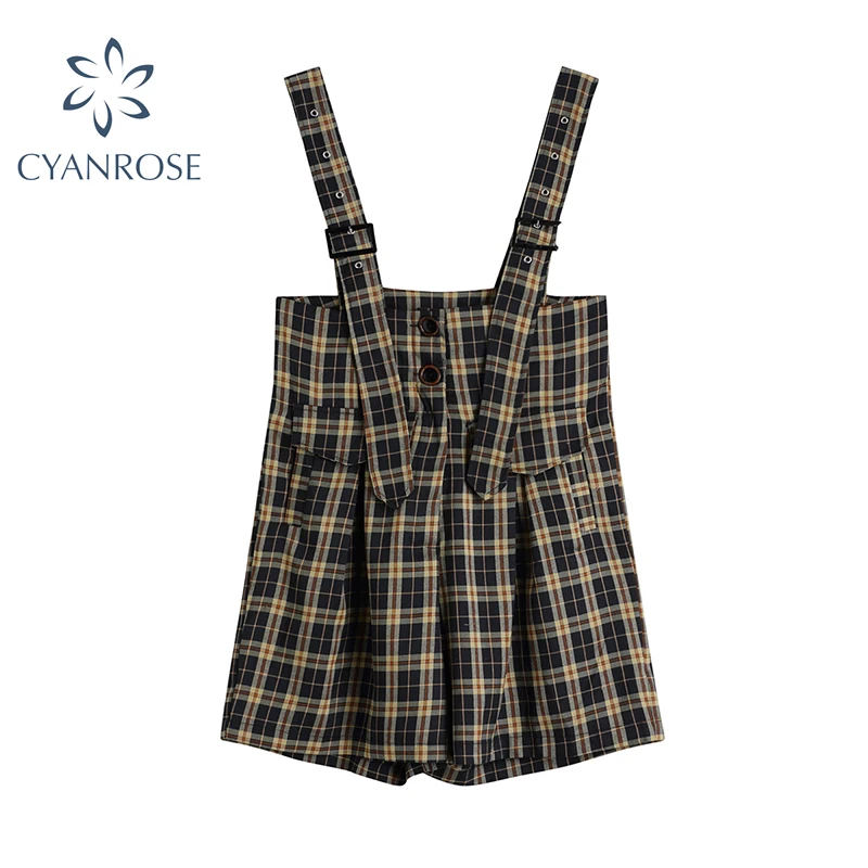 Женский цельный короткий комбинезон в клетку свободные прямые шорты стиле ретро