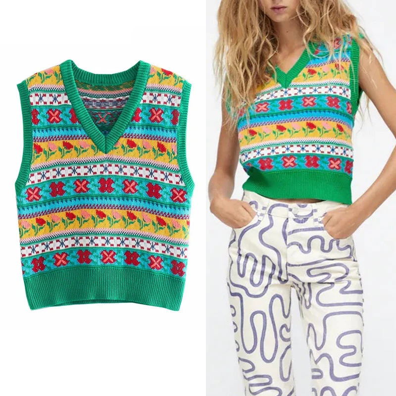 Женский укороченный жаккардовый жилет Za, зеленый вязаный жилет с цветочным принтом и V-образным вырезом, пуловер без рукавов, осень 2021