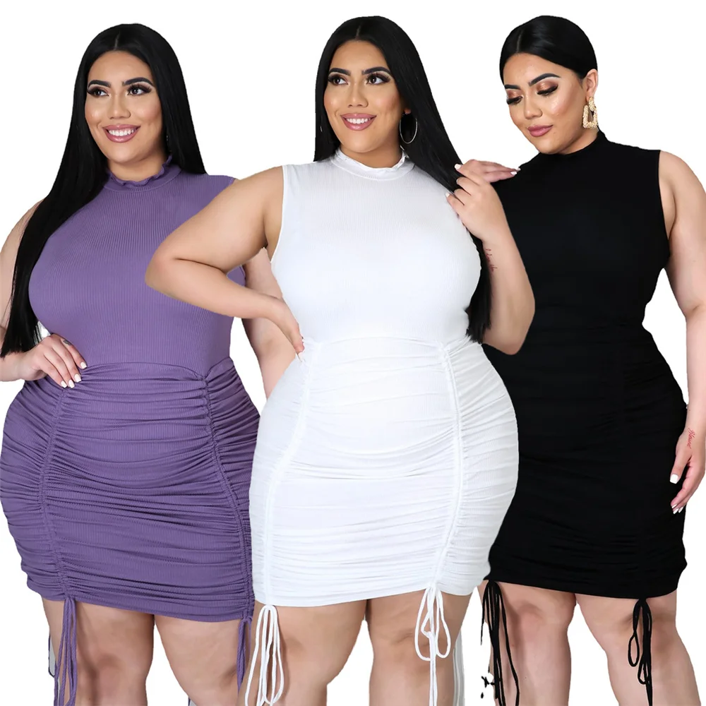 

4xl Plus Size Women Clothing 5xl Casual Round Collar Solid Color Sexy Sleeveless Drawstring Crease Dress Wholesale Dropshipping