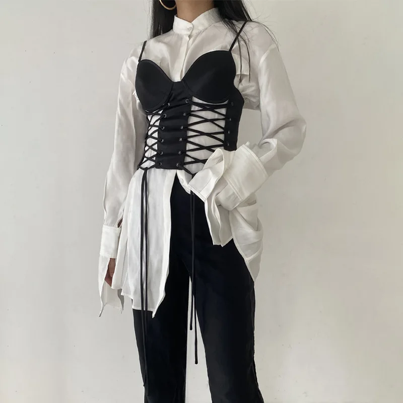 

Y2K Goth Streetwear Black Tops White Summer Women Sexy Corset Vintage Hollow Out Camis Harajuku Sleevless Bandage Backless Crop
