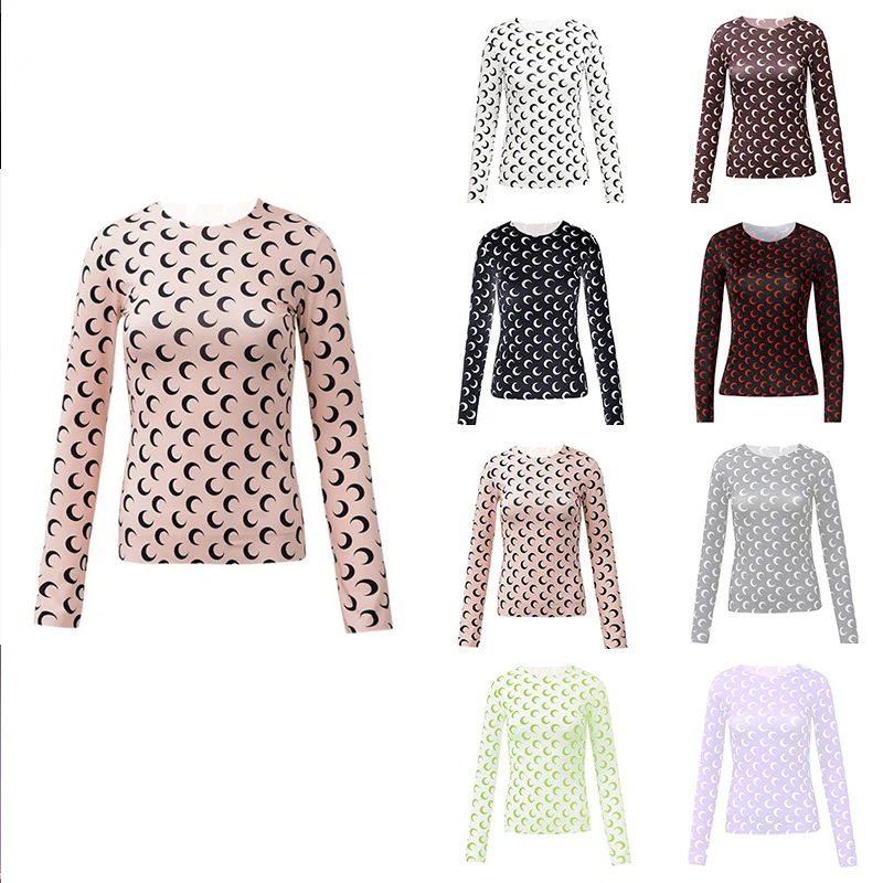 

Summer T-Shirt Woman Clothes Sunscreen Protection Clothing Female O-neck Inside Base Top Slimming Long Sleeves Skinny Moon Print