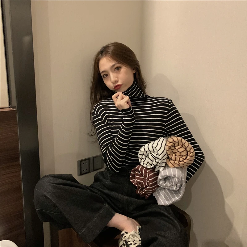

HKCP Casual Sweater Women Bottoming Turtleneck Office Lady striped Long Sleeve Pullovers Regular Knitted Winter Clothes Women
