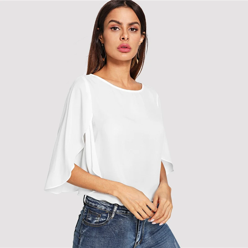 SHEIN Нарядная Одноцветная Блузка С Оригинальным Рукавом Элегантная Осенняя Блузка Для Офиса Современные Женские Топы