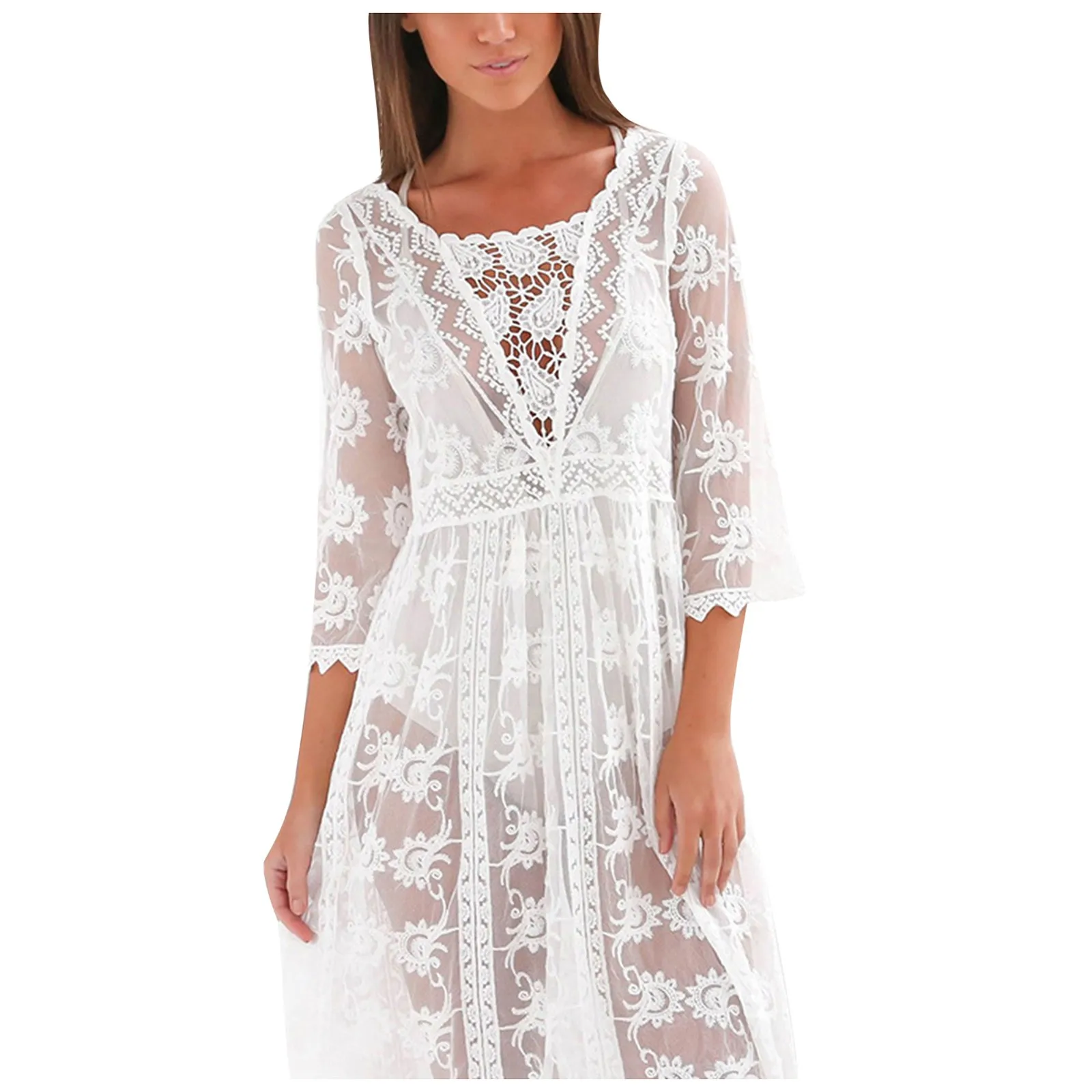 

Style Fashion Ladies Chiffon Bikini Blouse Flower Lace V Neck Knotted Irregular Loose See Through Hollow Blouse Top Biquini 4
