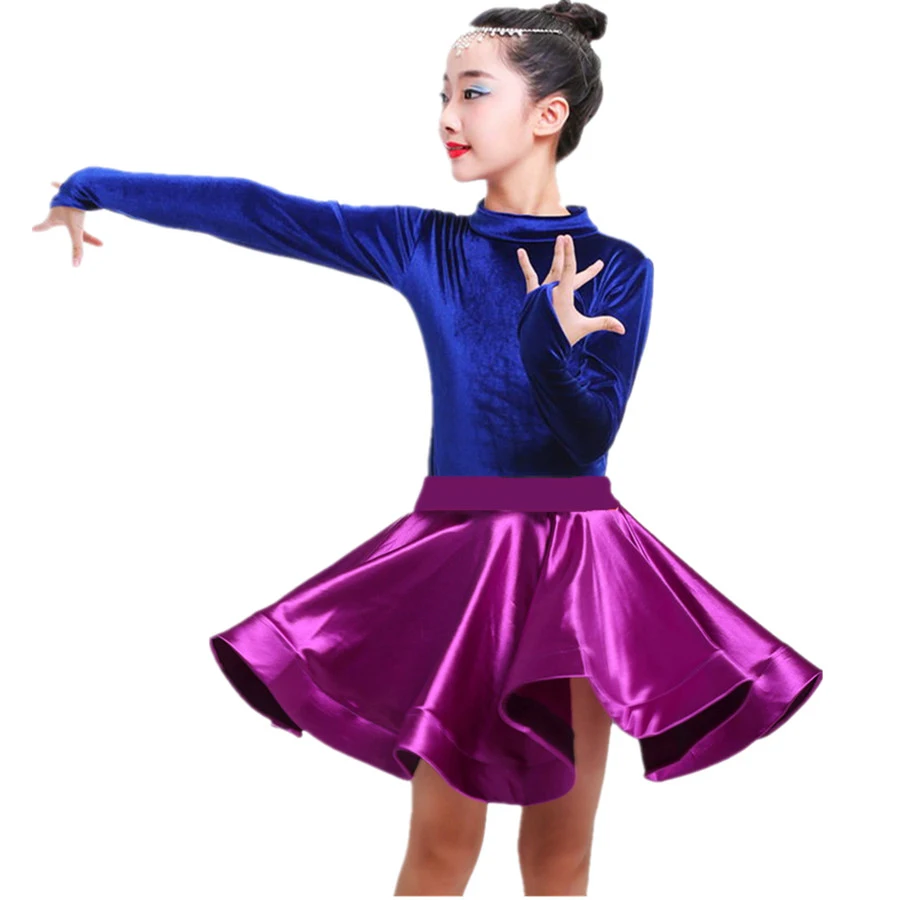 Blue Top Purple Новые Детские Бархатный латинский танцевальные платья для девочек Одежда для спортивной гимнастики костюм для сальсы Танго бальная юбка для девочек - Цвет: Blue Top Purple