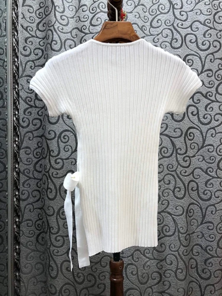 

Tops Fashion New 2020 Summer Casual Pullovers Women High Quality Knitted Bow Deco Short Sleeve White Jumpers Lady Soft Knitwear