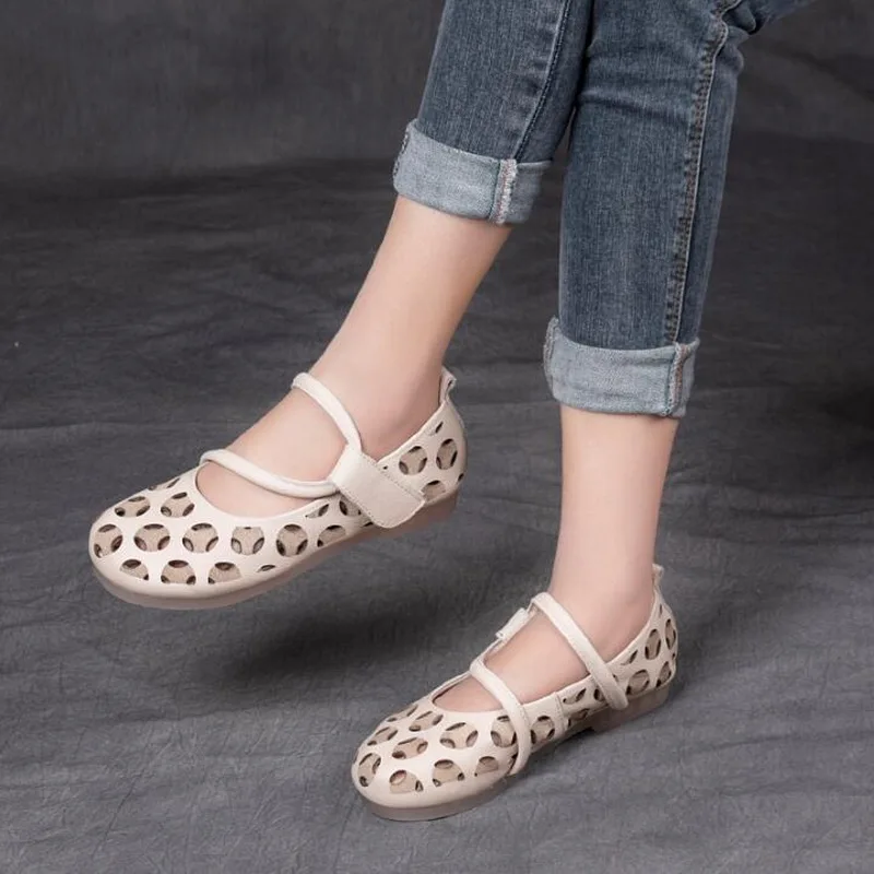 Spring Summer Women Shoes Genuine Leather Flat Shoes Woman Flats Hollow Breathable Hook&Loop Casual Comfortable Shoes