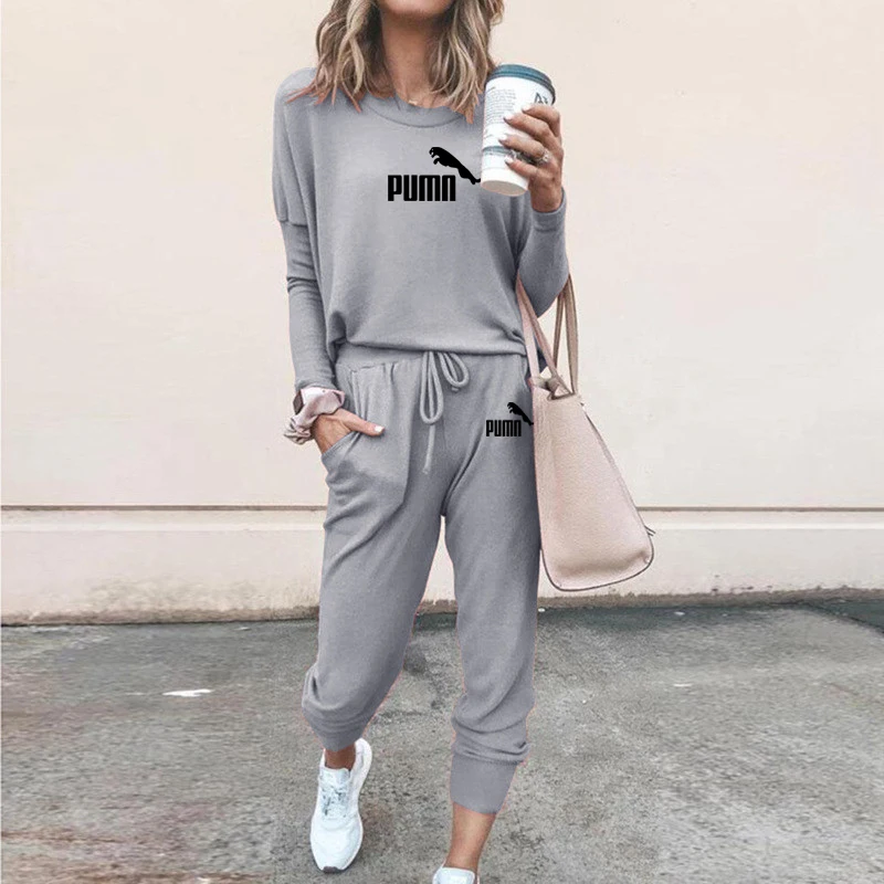 

Women's Solid Color Shrink Sleeve Printed Round Neck Pullover And Foot Pants Two-Piece Women's Tracksuit Set Women's Clothing