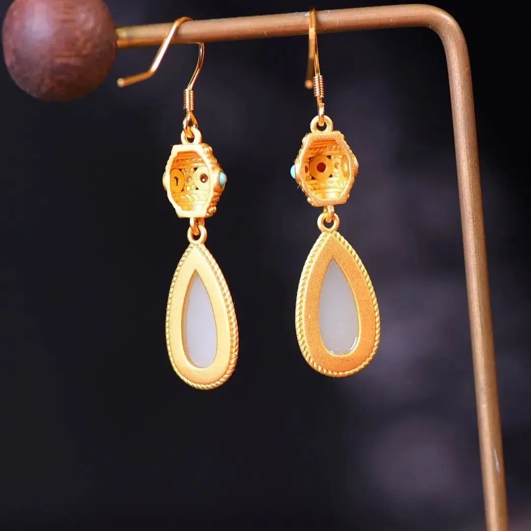 

S925 Sterling Silver Gold Inlaid Natural Hetian Jade White Jade Water Drop Ear Hook Earrings Retro Style Simple Women's Elegant