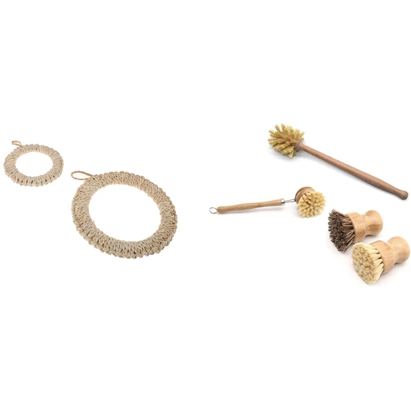 

1 Set Plant Based Cleaning Brush Set,Bamboo Kitchen Scrub Brush & 2 Pcs Woven Handmade Placemats,Round Woven Pot Mat