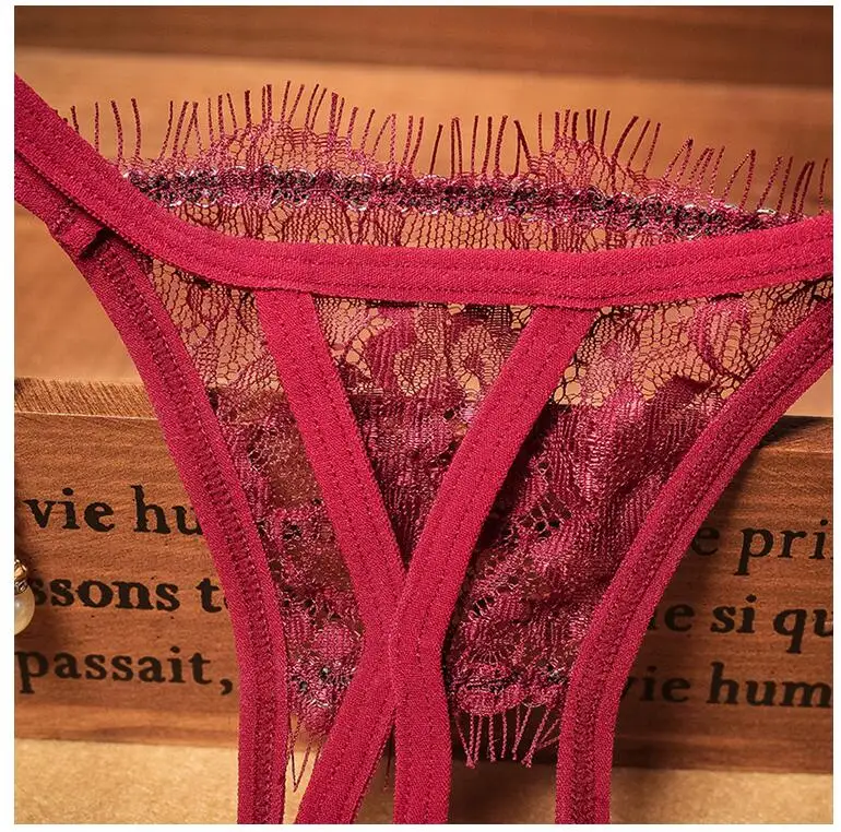 Flower Embroidery Net Yarn Open Crotch Sexy Panties For Women With Pearl Drop Pendant Thongs and G strings Underwear