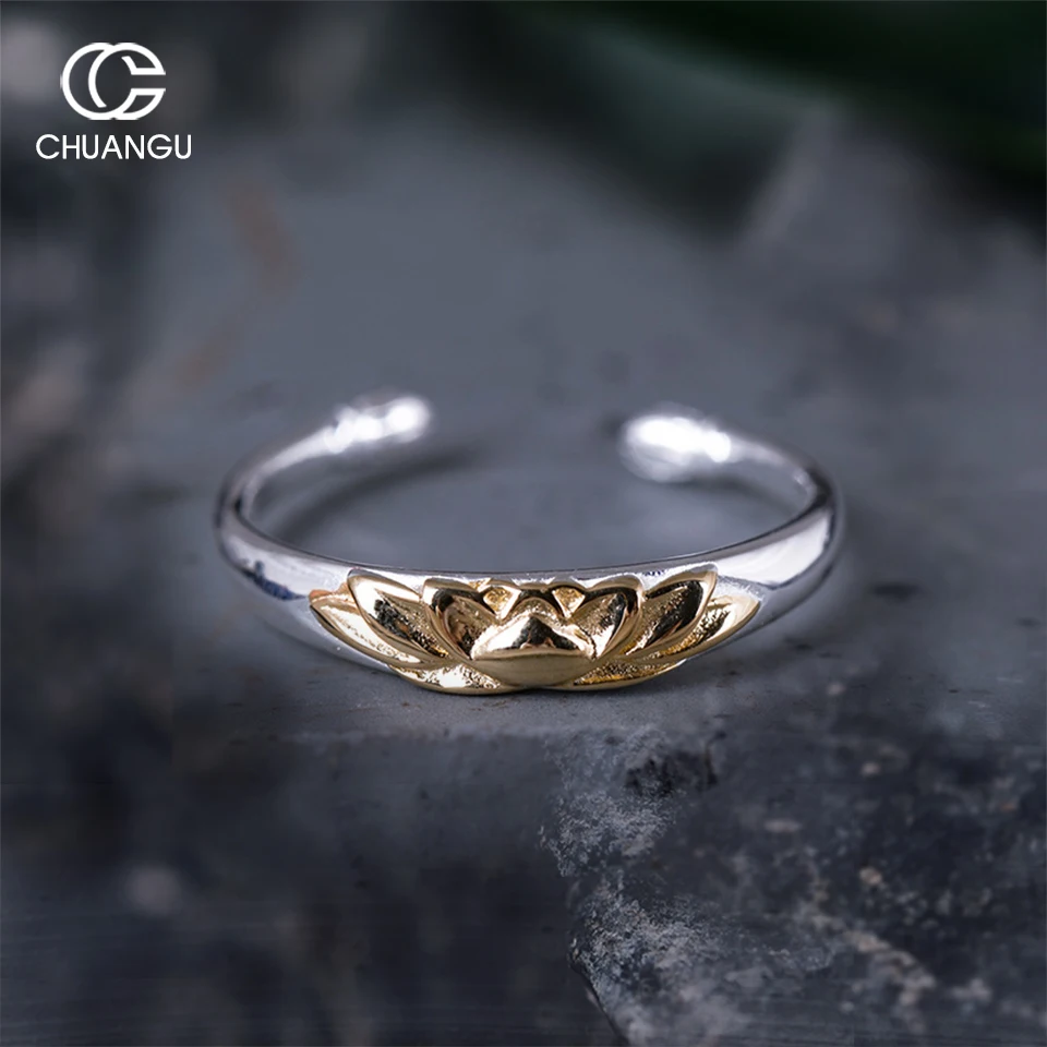 CHUANGU 925 стерлингового серебра Винтаж цветок лотоса Открытое кольцо из белого
