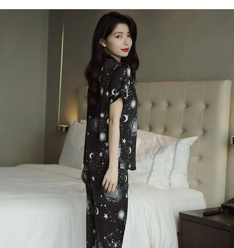 

2PCS Sleep Set Women Nightwear Intimate Lingerie Print Pajamas Suit Summer New Short Sleeve Black Sleepwear Pyjamas With Pocket