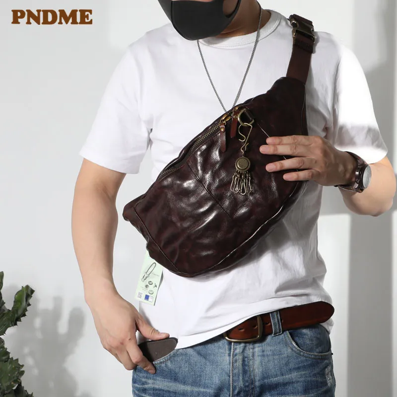 PNDME fashion vintage high quality genuine leather men's chest bag casual teens large soft cowhide waist packs messenger bags