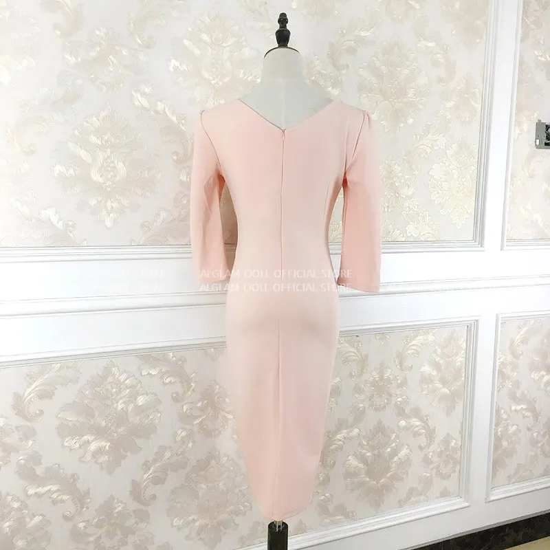 Весна выдалбливают 3/4 рукав Твердые до колена Bodycon сексуальное Клубное платье
