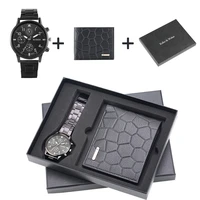 fashion men wristwatch wallet set quartz dial stainless steel strap fold buckle leather wallet purse gifts set for husband son