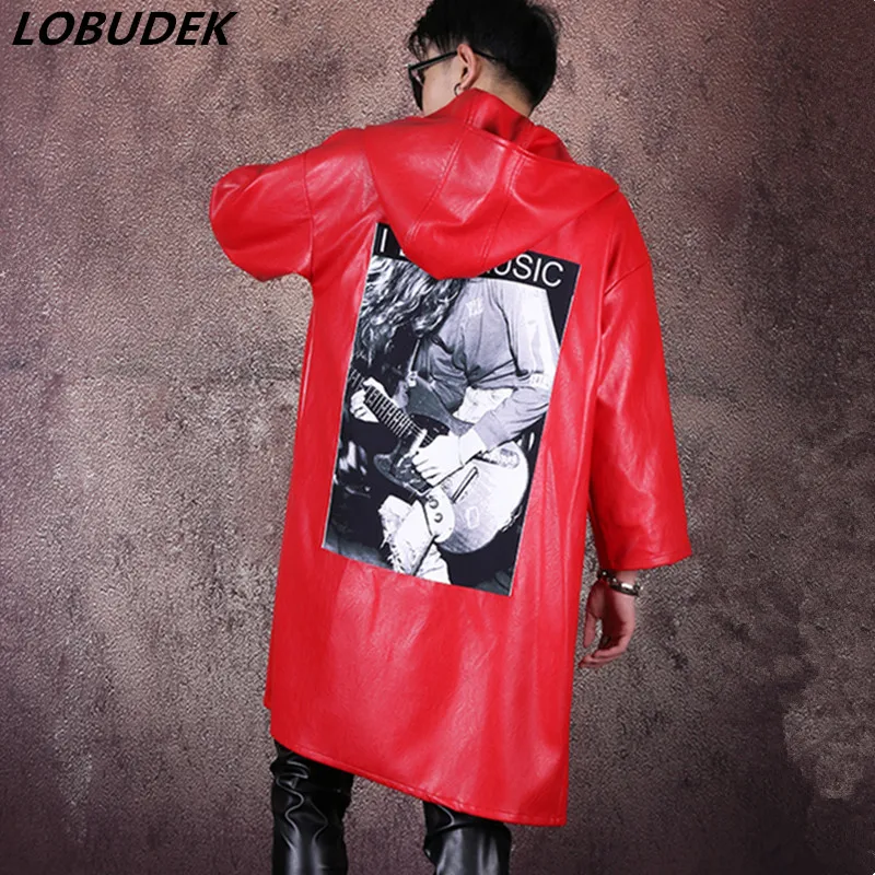 

Men Red Faux Leather Hoodie Loose Long Coat PU Leather Cloak Tide Male Rock Singer Concert Costume HIP HOP Street Dance Overcoat