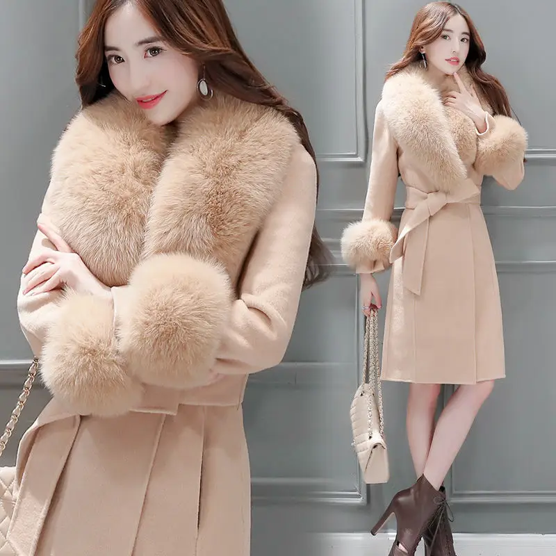 

Fur Woolen Coat 2021 New Women Knee Mid-length Korean Fashion Big Fur Collar Beautiful Cloak Red Pink White Camel S To 3XL