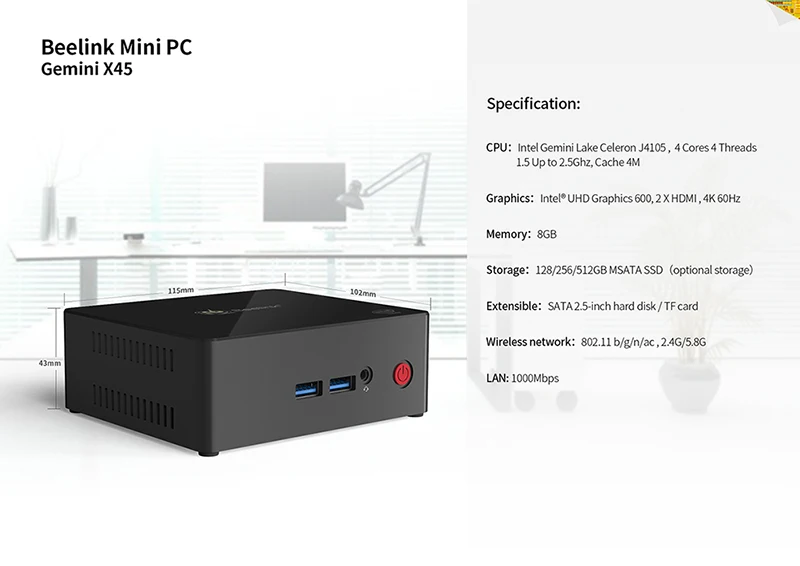 Мини пк Windows beelink x45 мини пк 8GB128GB LAN 1000M мини пк 8GB256GB ноутбук процессор Intelj4105 Beelink Gemini X45 мини пк