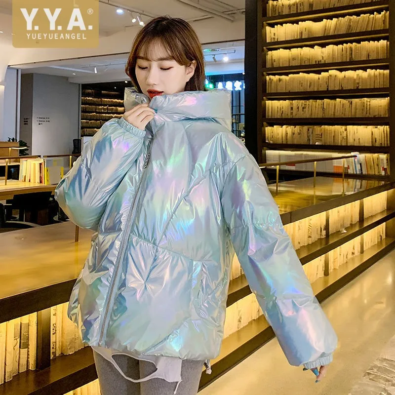 

Winter Women Casual Short Hoodie Parkas Thick Warm Bright Coat Female Streetwear Loose Fit Preppy Style Parka Outerwear Overcoat