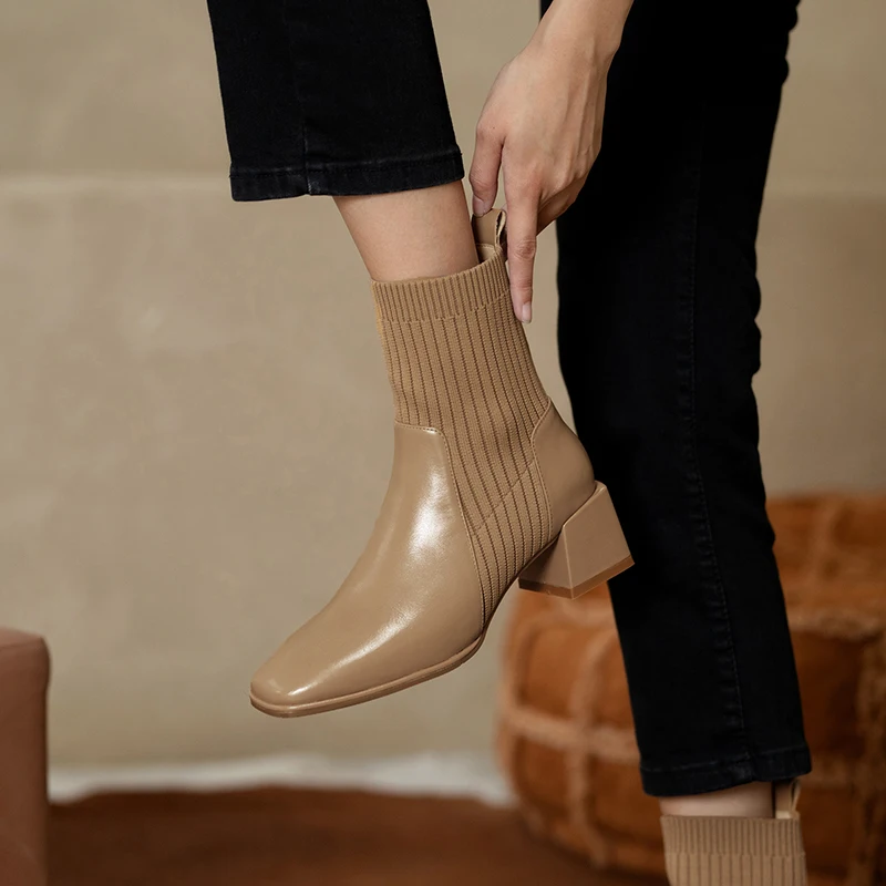 

Winter Autumn Ankle Boots for Ladies Size 34-43 Knitting Sock Boots Women Square Toe Black Brown Booties Slip Ons Shoes New