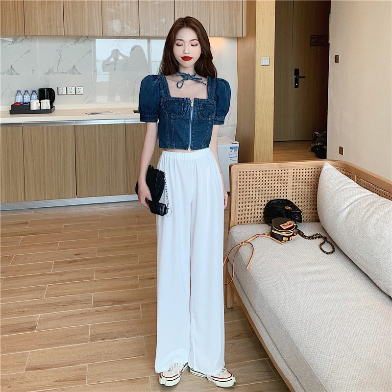 

DEIVOR Square Collar Puff Sleeve Denim Short Denim Top Slim Slim Halter Short Sleeve Shirt