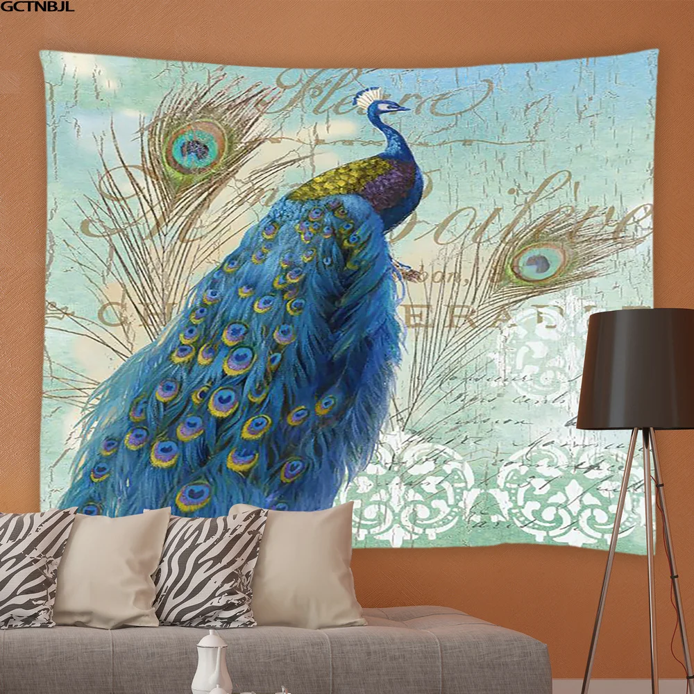 Tapiz colgante de pared de pavo real azul, hermoso p&aacute;jaro y flor, artista, hogar, sala de estar, dormitorio, fondo, pa&ntilde;o de cabecera-1