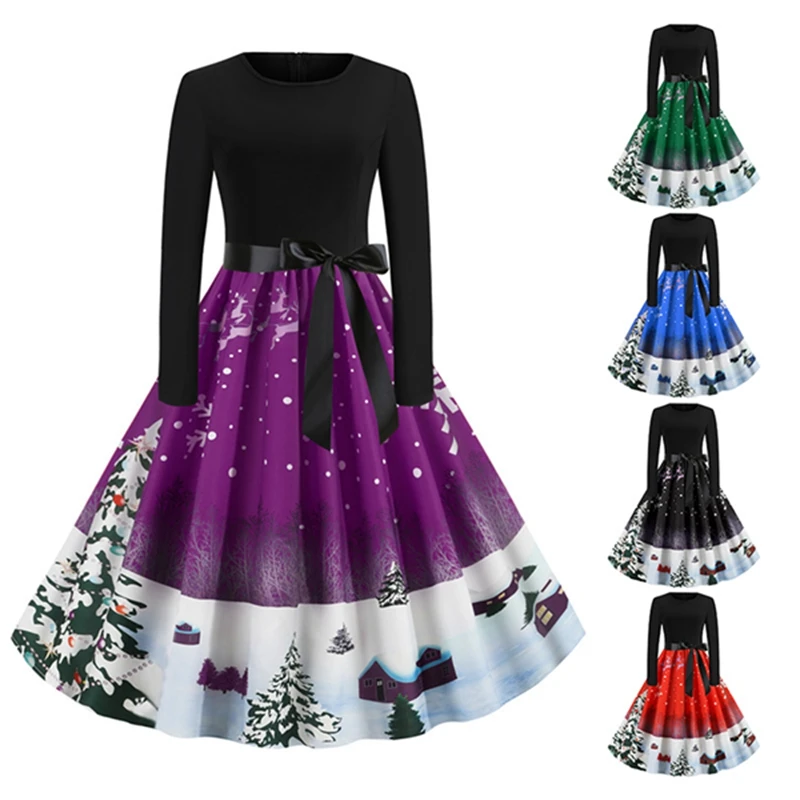

Women's Christmas Retro Skirt Christmas Tree Print Party Casual Big Swing Dress