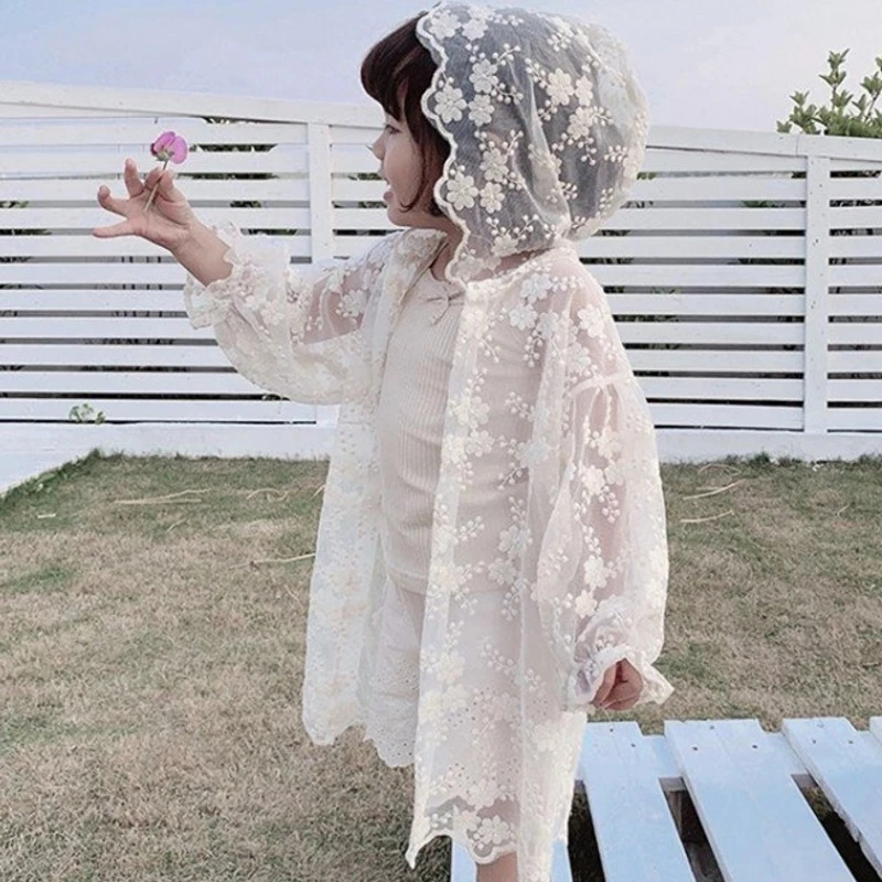 

0-7Years Girls Sunscreen Anti-UV Baby Lace Jacket Summer Parent-Child Beach Wear Cardigan Children's Air Conditioning Shirt