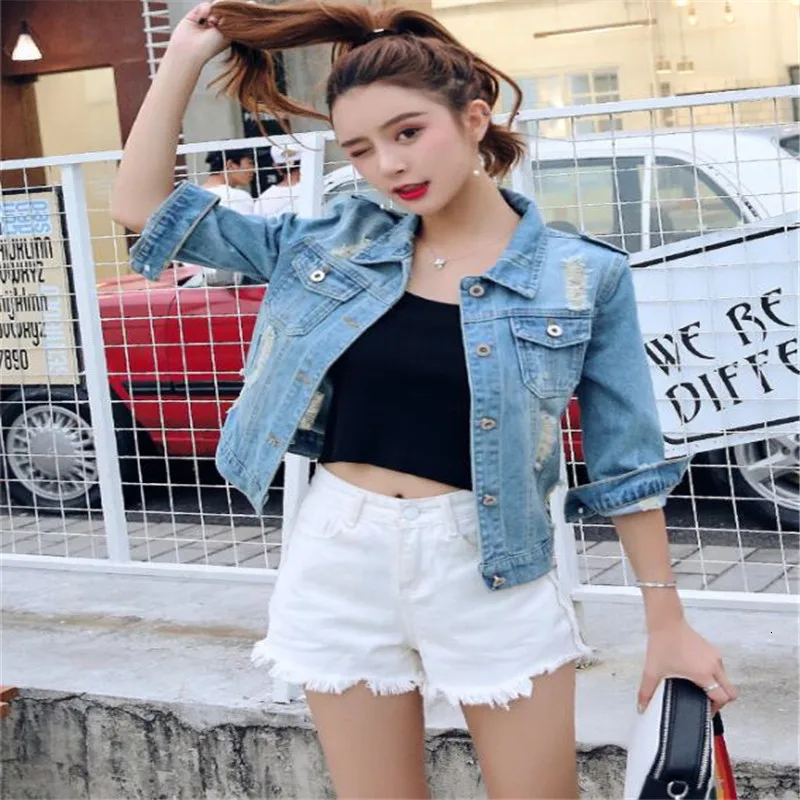 Jeans Jas Vrouwen Casacos Feminino Slim Ripped Gaten Denim Femme Elegante Vintage Bomberjack Basic Jassen |