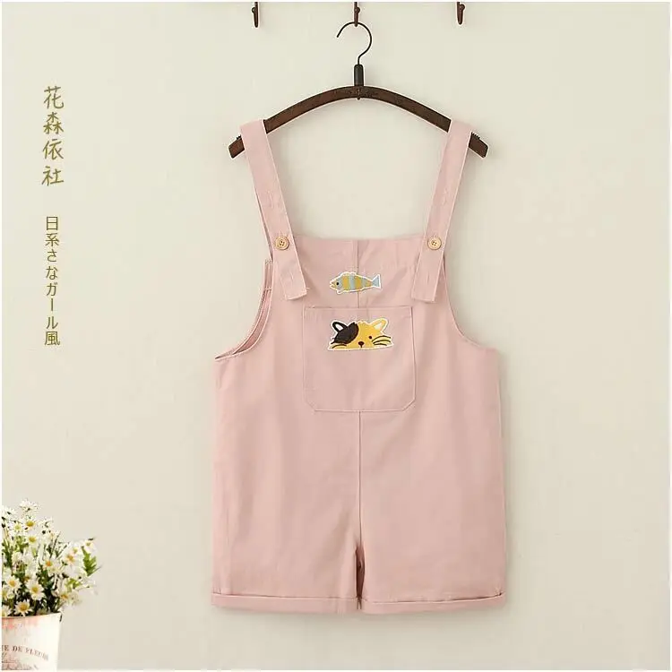 

Women Summer Cartoon Embroidery Casual Shorts Young Girls High School Student Japan Preppy Style Cute Kawaii Overalls