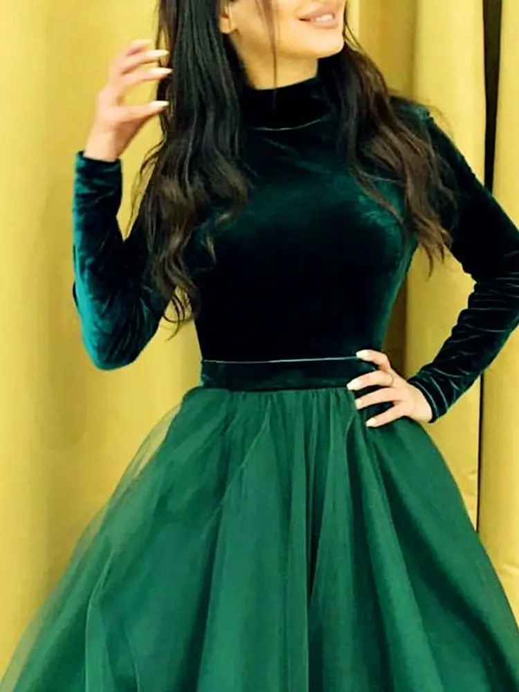 

Evening Dress High Neck Long Sleeve Velvet Top A-Line Long Formal Dubai Arabic Kaftan Prom genshin impact Party Dress Gowns