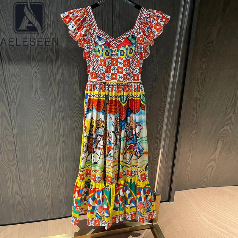 AELESEEN 100% Cotton Sicilian Runway Fashion Square Collar Retro Printing Ruffles Holiday Butterfly Sleeve Dress For Women 2022