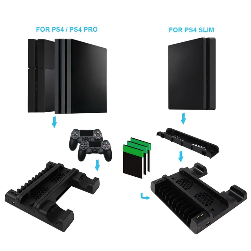 for ps4ps4 slimps4 pro vertical stand led cooling fan dual controller charger charging station for sony playstation 4 cooler free global shipping