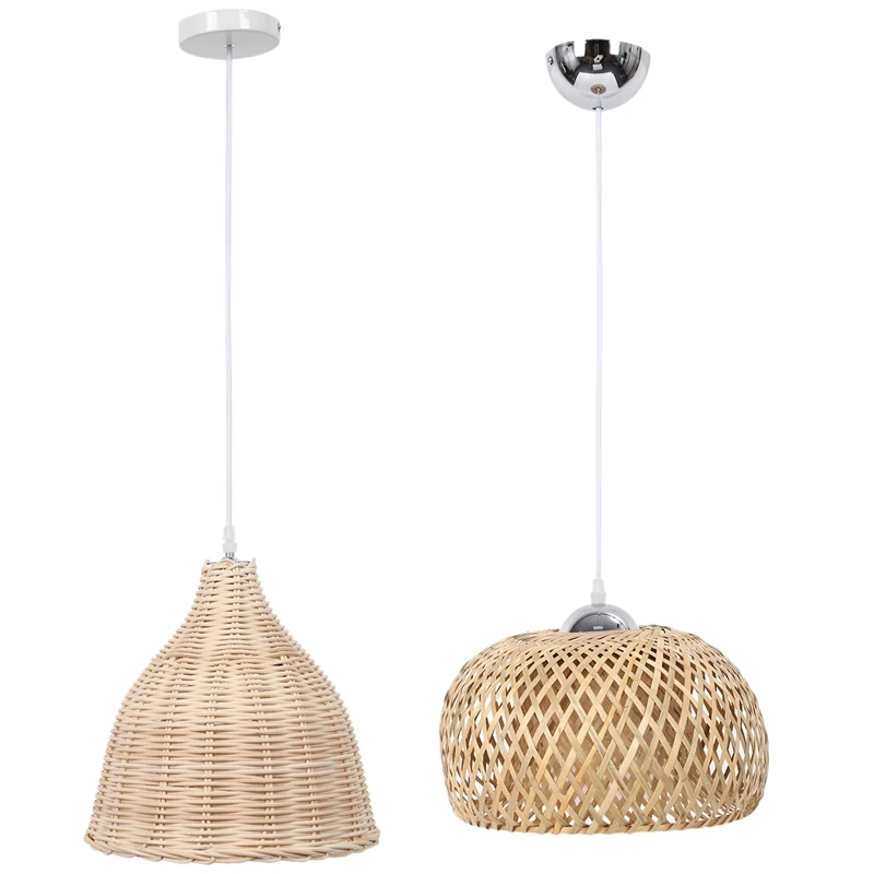 

2 Set Hanging Lamp E27 Pendant Light Nordic Chandelier Without Bulb-Bamboo & Willow Rattan